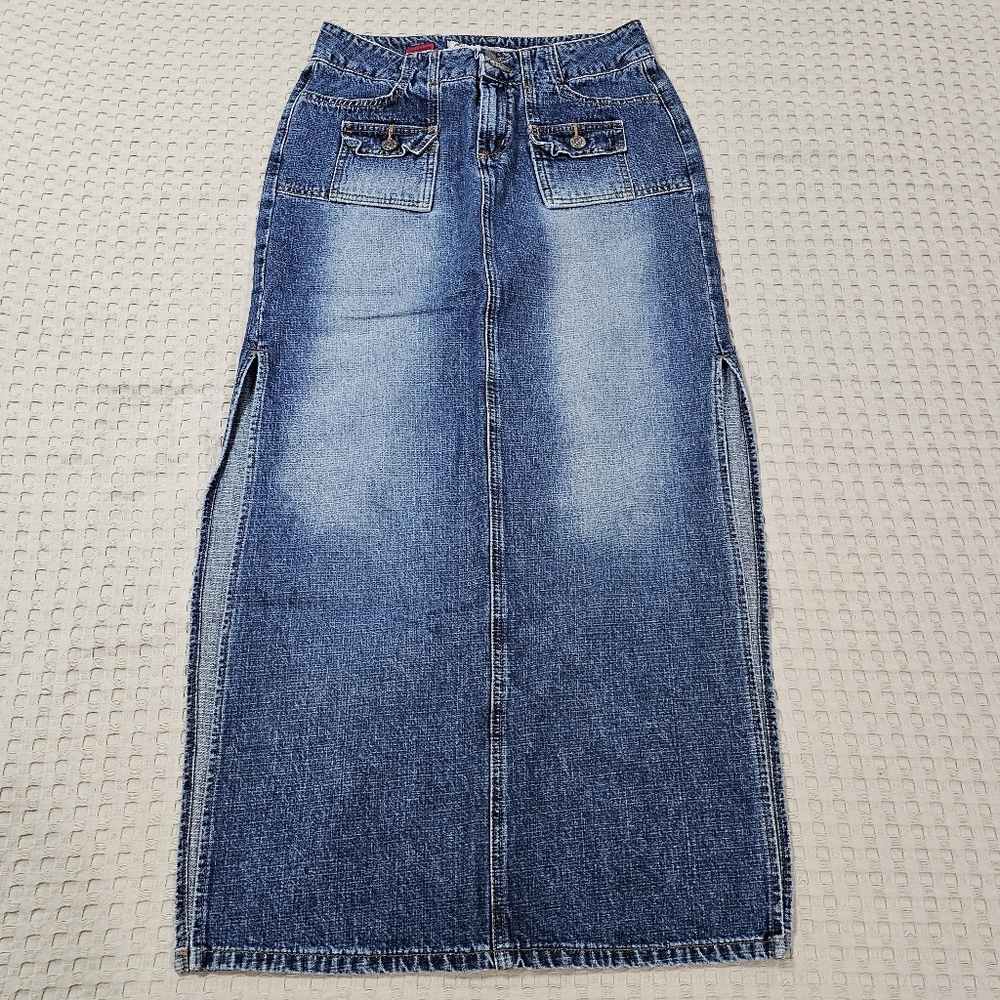 Vintage Paris Blues Y2K Long Denim Skirt, High Slit, Size 3